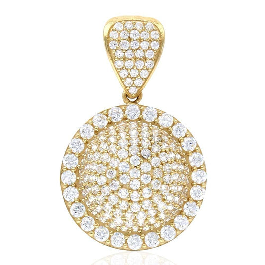 3Ct Pave CZ Circle Globe 10k Yellow Gold Pendant 1.2"