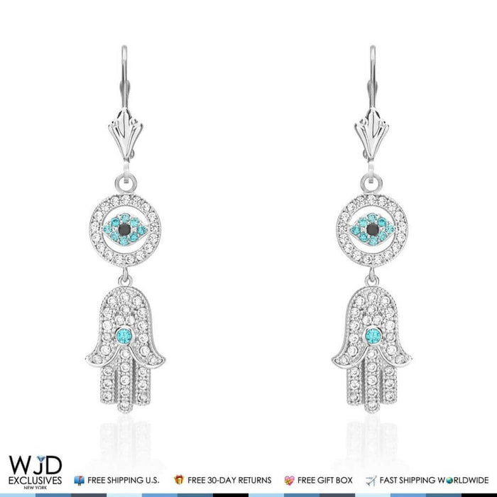 1.10Ct CZ 14K White Gold Hamsa Evil Eye Dangle Leverback Earrings