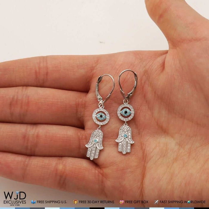 1.10Ct CZ 14K White Gold Hamsa Evil Eye Dangle Leverback Earrings