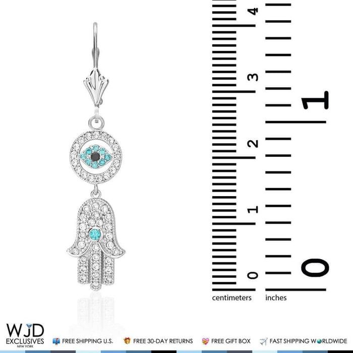 1.10Ct CZ 14K White Gold Hamsa Evil Eye Dangle Leverback Earrings