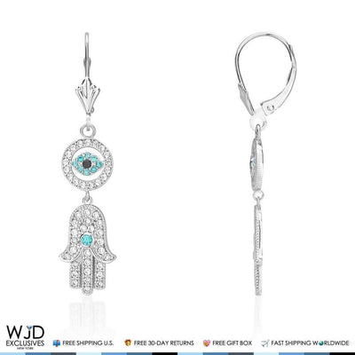 1.10Ct CZ 14K White Gold Hamsa Evil Eye Dangle Leverback Earrings