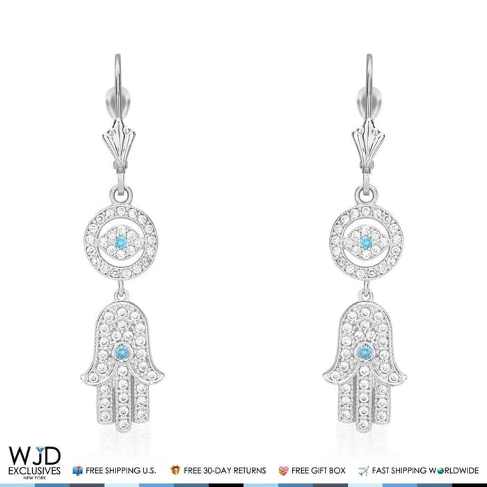 1.10Ct CZ 14K White Gold Hamsa Evil Eye Dangle Leverback Earrings