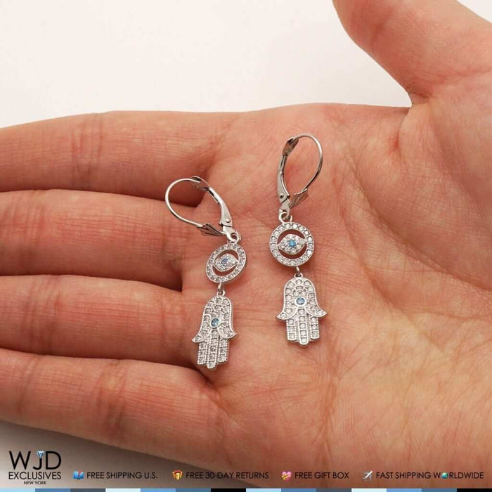 1.10Ct CZ 14K White Gold Hamsa Evil Eye Dangle Leverback Earrings