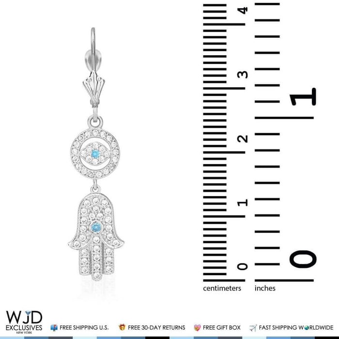 1.10Ct CZ 14K White Gold Hamsa Evil Eye Dangle Leverback Earrings