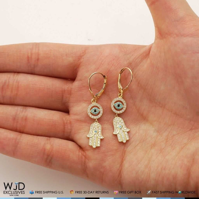 14K Yellow Gold CZ Hamsa Evil Eye Dangle Leverback Earrings