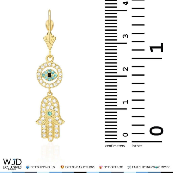 14K Yellow Gold CZ Hamsa Evil Eye Dangle Leverback Earrings