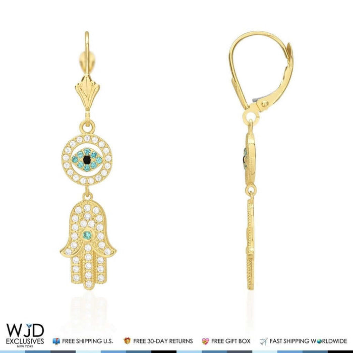 14K Yellow Gold CZ Hamsa Evil Eye Dangle Leverback Earrings
