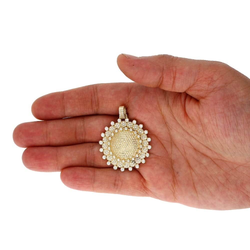 5Ct CZ Round Circle Sun 10k Yellow Gold Pendant 1.8"