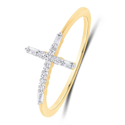 0.10CTW Natural Diamond 10K Yellow Gold Round Baguette Sideways Cross Ring - WJD Exclusives