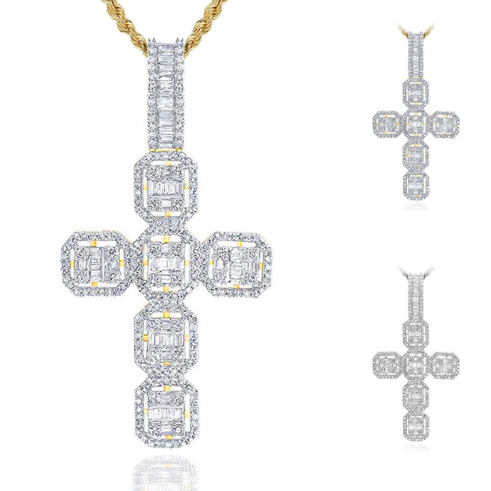 1.10CTW Natural Diamond Round Baguette 10K Gold Yellow White Cross Pendant - WJD Exclusives