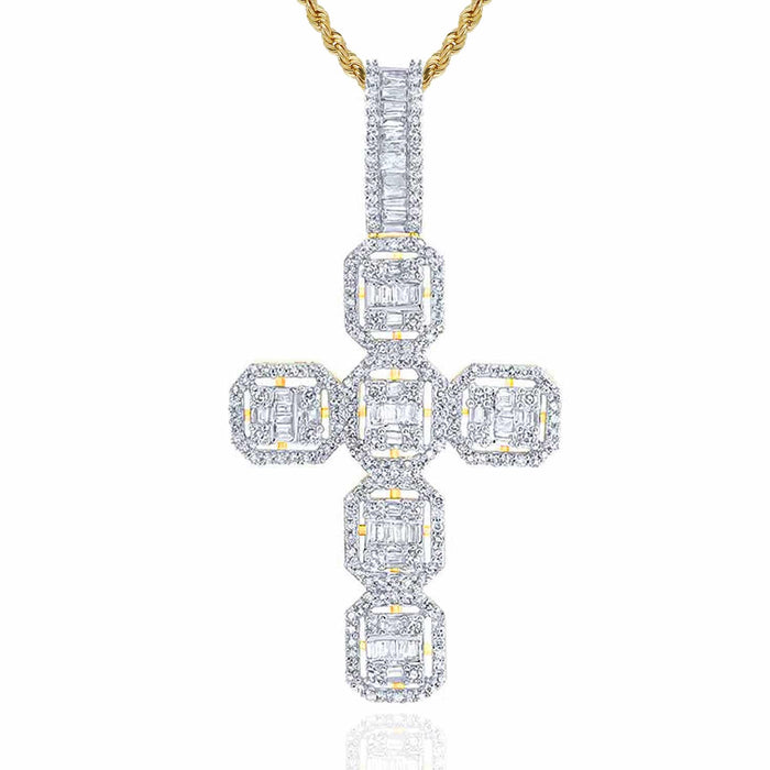 1.10CTW Natural Diamond Round Baguette 10K Gold Yellow White Cross Pendant - WJD Exclusives