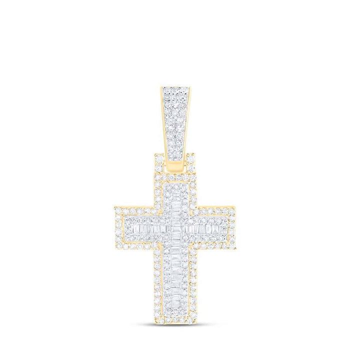 Natural Diamond Round Baguette 10K Yellow Gold Cross Pendant 1.2" - 1.8" - WJD Exclusives