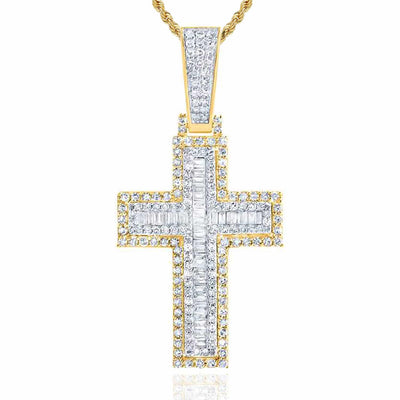 Natural Diamond Round Baguette 10K Yellow Gold Cross Pendant 1.2" - 1.8" - WJD Exclusives