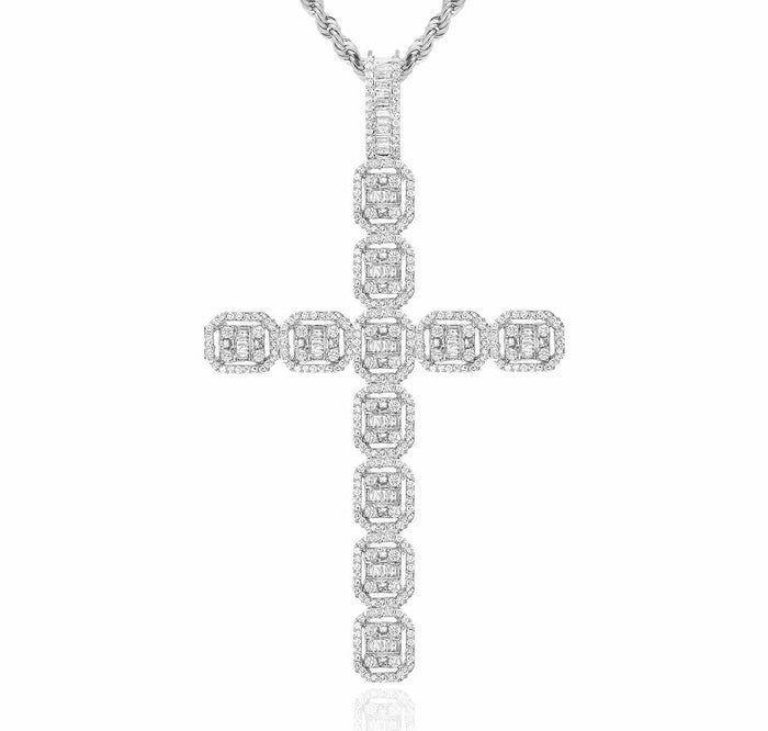 2.35CTW Natural Diamond Baguette Round 10K Gold Cluster Cross Pendant - WJD Exclusives