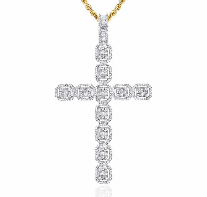2.35CTW Natural Diamond Baguette Round 10K Gold Cluster Cross Pendant - WJD Exclusives