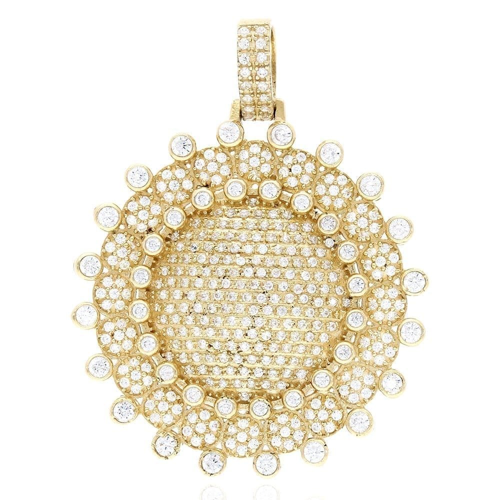 5Ct CZ Round Circle Sun 10k Yellow Gold Pendant 1.8"