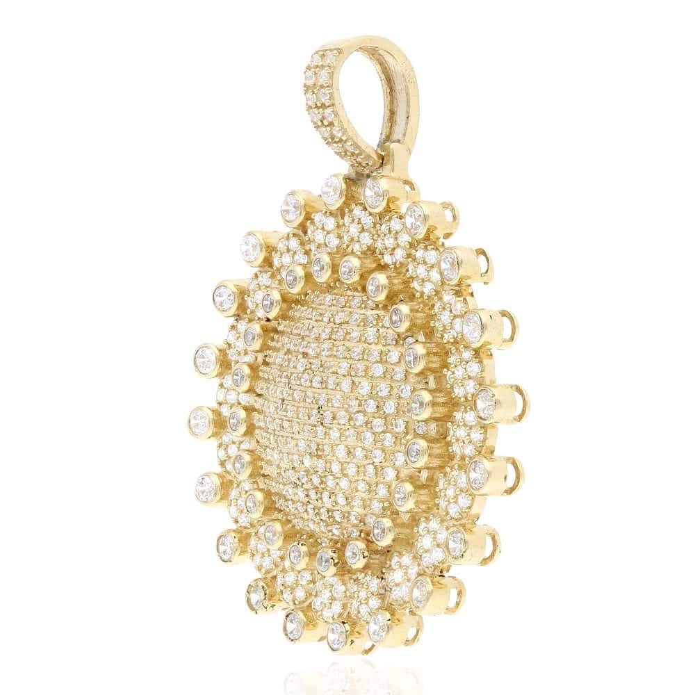 5Ct CZ Round Circle Sun 10k Yellow Gold Pendant 1.8"