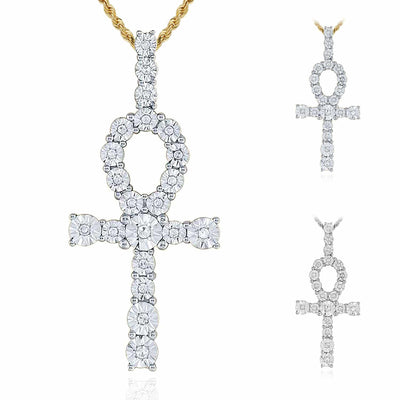 .20CTW Natural Diamond 10K Gold Yellow White Ankh Cross Pendant - WJD Exclusives