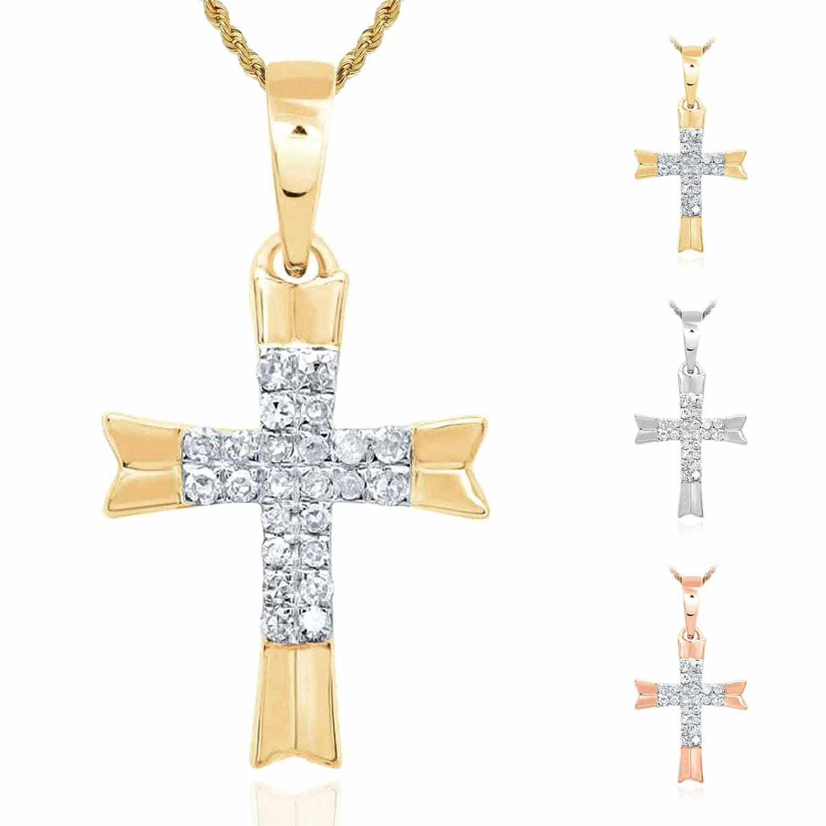 .08CTW Natural Diamond 10K Gold Yellow White Rose Cross Pendant - WJD Exclusives