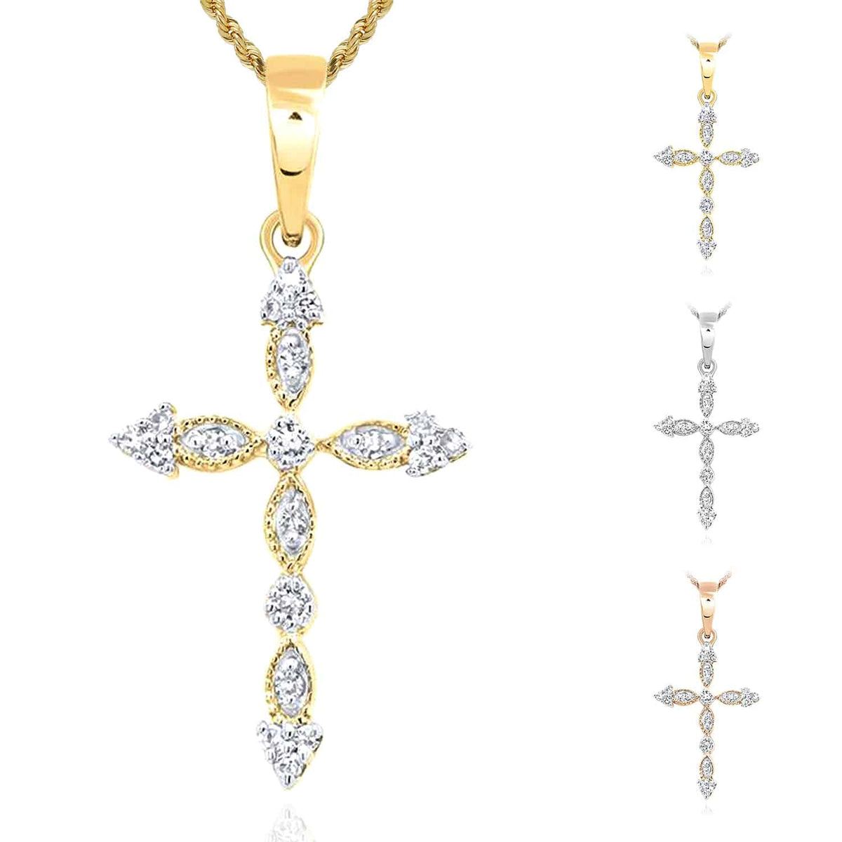 .08CTW Natural Diamond 10K Gold Yellow White Rose Milgrain Cross Pendant - WJD Exclusives