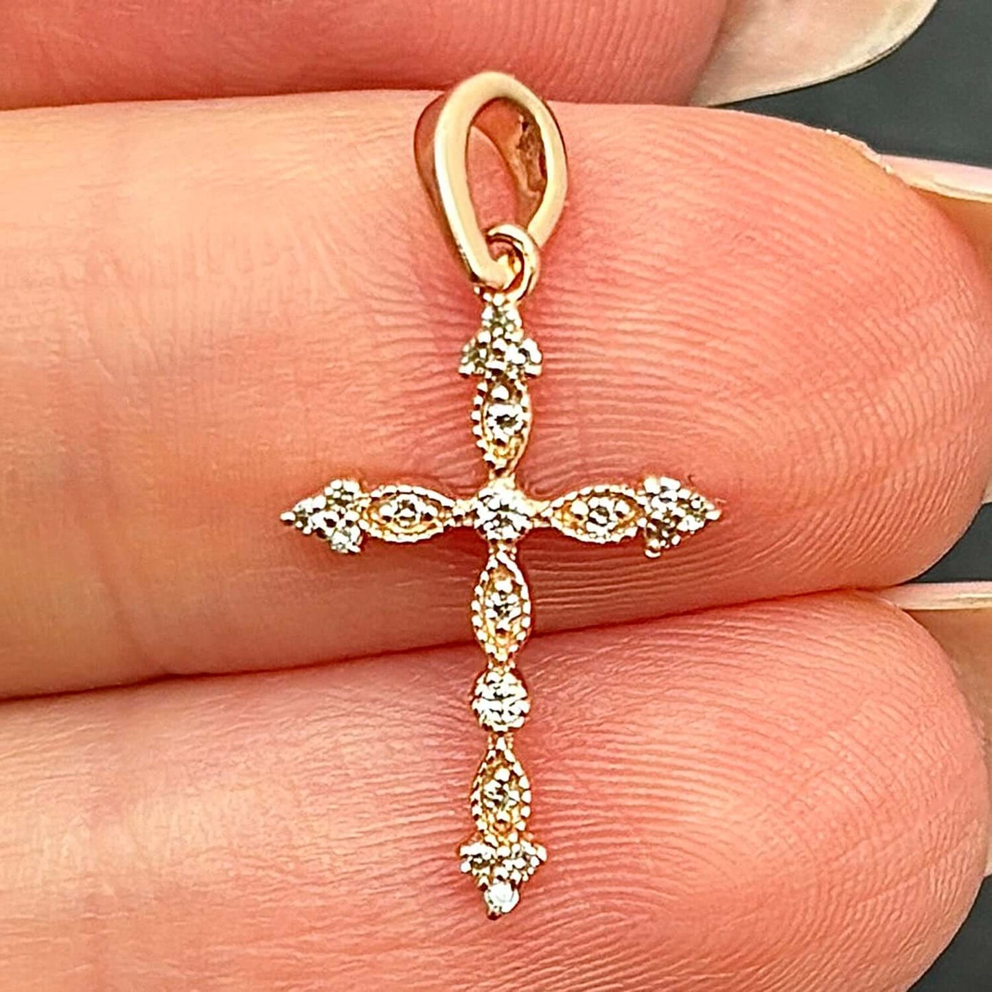 .08CTW Natural Diamond 10K Gold Yellow White Rose Milgrain Cross Pendant
