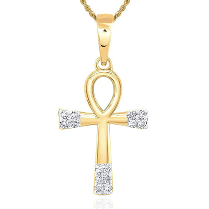.05CTW Real Diamond 10K Gold Yellow White Rose Ankh Cross Pendant