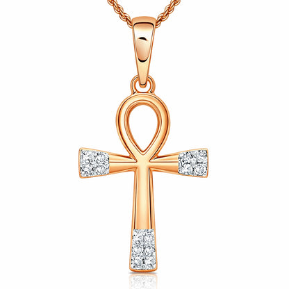 .05CTW Natural Diamond 10K Gold Yellow White Rose Ankh Cross Pendant