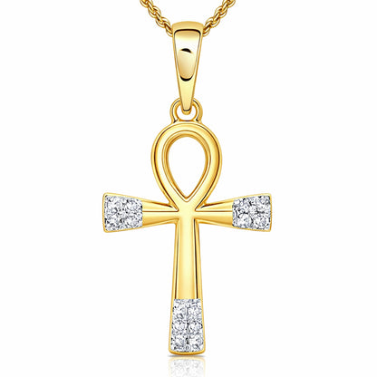 .05CTW Natural Diamond 10K Gold Yellow White Rose Ankh Cross Pendant