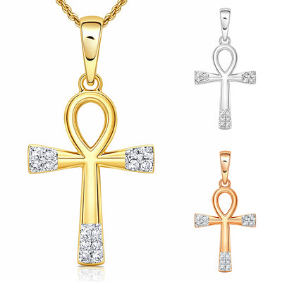 .05CTW Natural Diamond 10K Gold Yellow White Rose Ankh Cross Pendant
