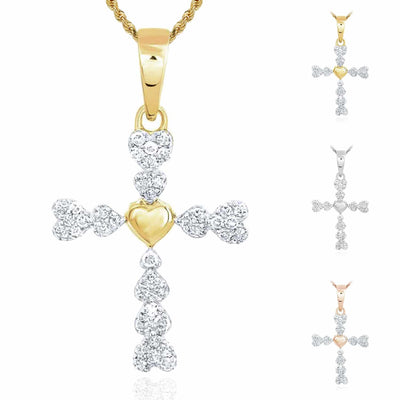 .10CTW Natural Diamond 10K Gold Yellow White Rose Cluster Heart Cross Pendant - WJD Exclusives