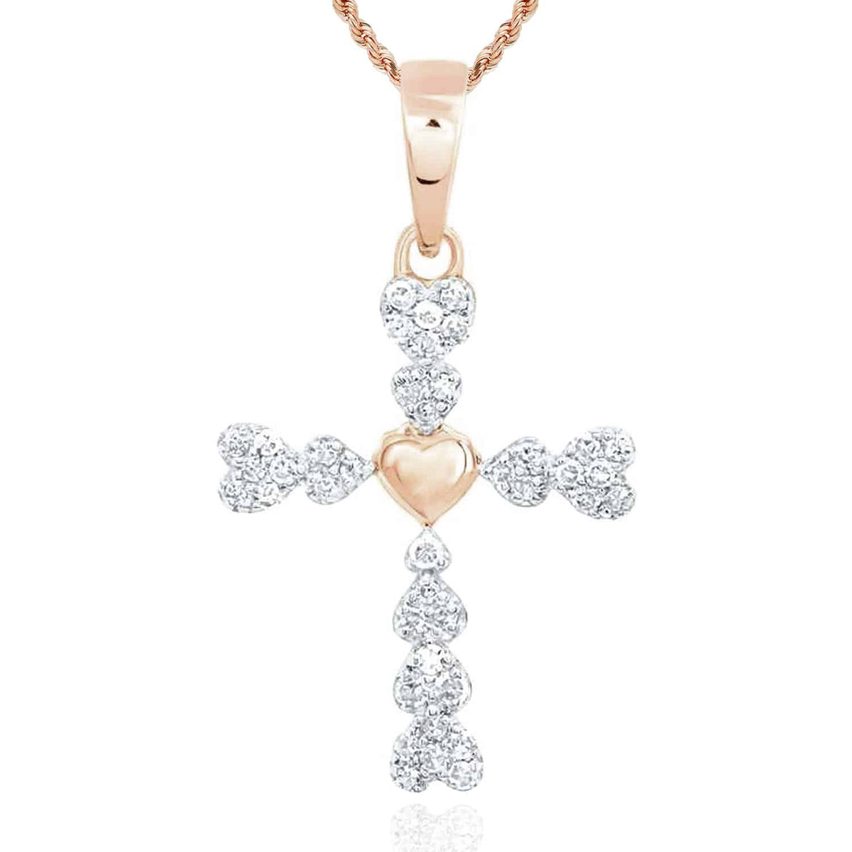 .10CTW Natural Diamond 10K Gold Yellow White Rose Cluster Heart Cross Pendant - WJD Exclusives