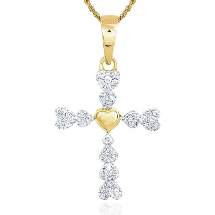 .10CTW Natural Diamond 10K Gold Yellow White Rose Cluster Heart Cross Pendant - WJD Exclusives