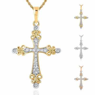 .10CTW Natural Diamond 10K Gold Yellow White Rose Filigree Cross Pendant - WJD Exclusives