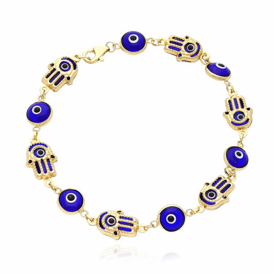 14K Gold Yellow Blue Evil Eye Hamsa Hand Bracelet 7.5"