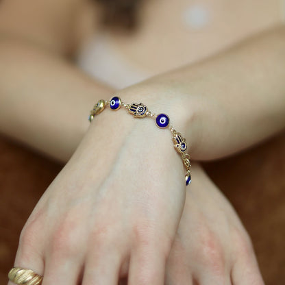 14K Gold Yellow Blue Evil Eye Hamsa Hand Bracelet 7.5"