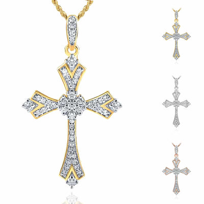 .22CTW Natural Diamond 10K Gold Yellow White Rose Cross Pendant 1.1" - WJD Exclusives