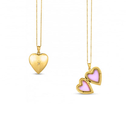 Real Diamond 14K Gold Heart Locket Pendant Cable Necklace 18"