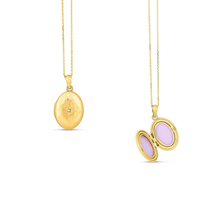 Natural Diamond 14K Gold Oval Filigree Locket Pendant Cable Necklace 18" - WJD Exclusives