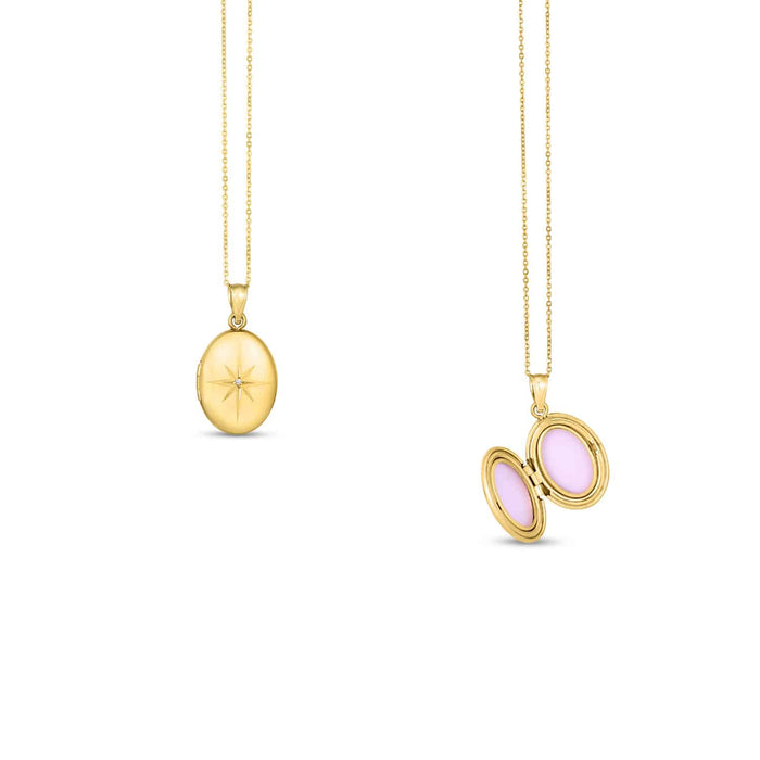 Natural Diamond 14K Gold North Star Oval Locket Pendant Necklace 18" - WJD Exclusives