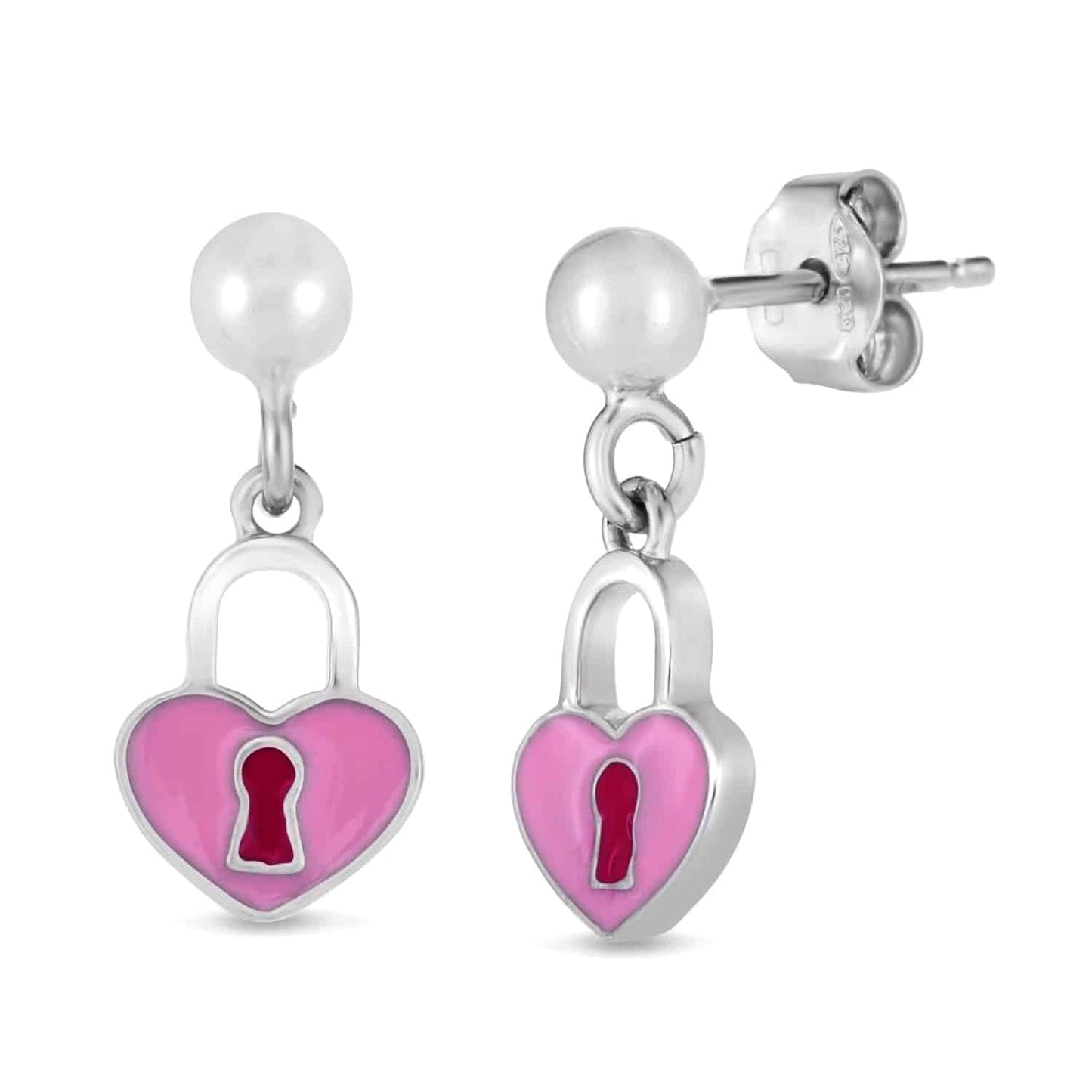 Sterling Silver Lock Pink Enamel Padlock Drop Push Back  Earrings