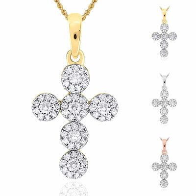 .27CTW Natural Diamond 10K Gold Yellow White Rose Cluster Cross Pendant 0.8" - WJD Exclusives