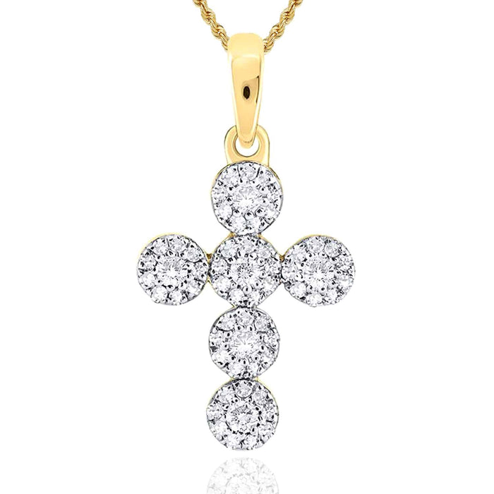.27CTW Natural Diamond 10K Gold Yellow White Rose Cluster Cross Pendant 0.8" - WJD Exclusives