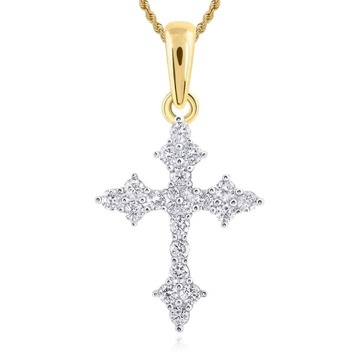 .25CTW Natural Diamond 10K Gold Yellow White Rose Cross Pendant 0.6" - WJD Exclusives