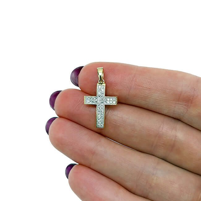 .22CTW Real Diamond 10K Real Gold Modern Cross Pendant 0.95"