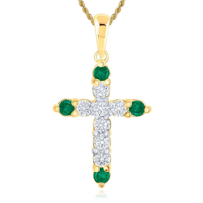 .22CTW Natural Diamond Emerald 10K Gold Yellow White Cross Pendant 0.8" - WJD Exclusives