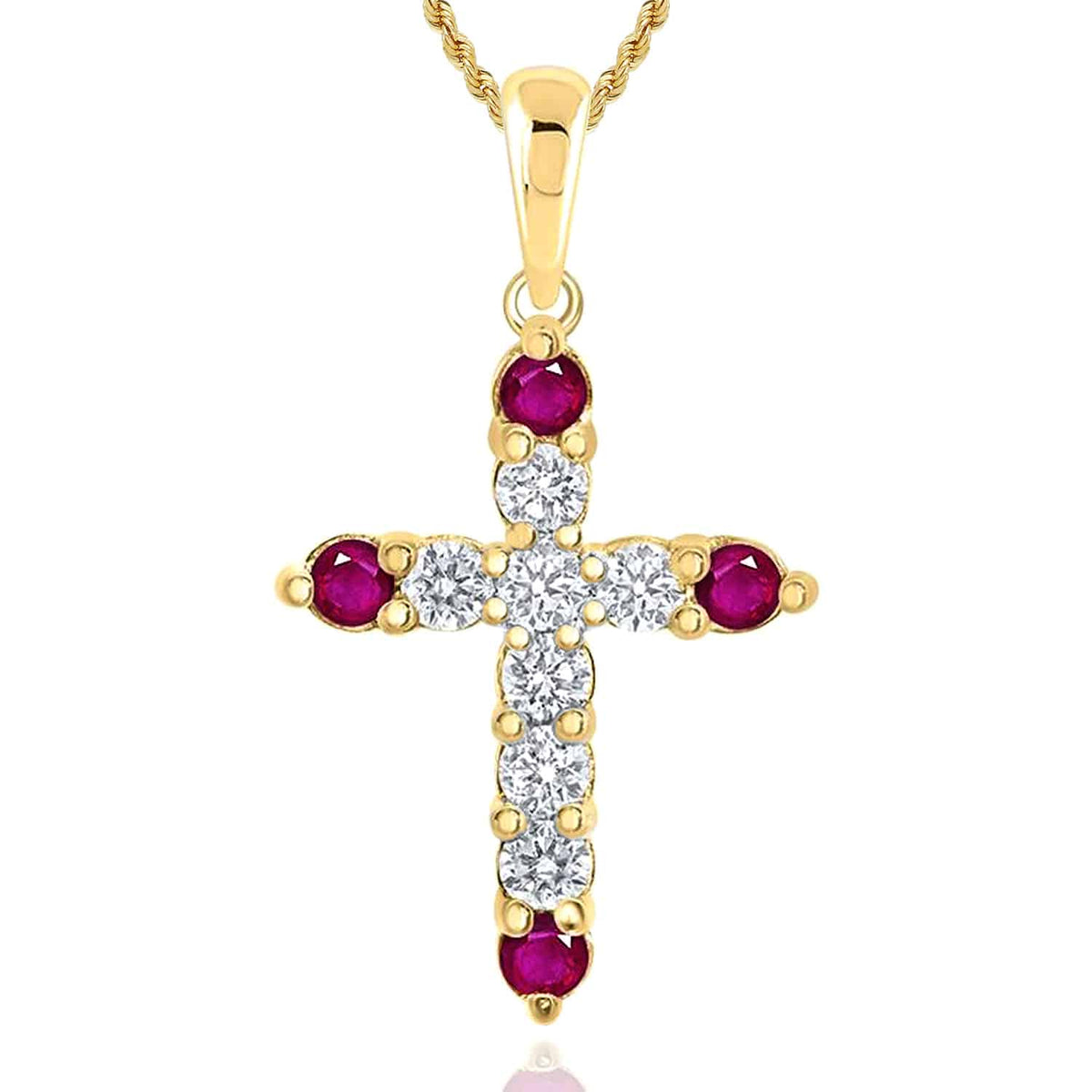 .24CTW Natural Diamond Ruby Accents 10K Gold Yellow White Rose Cross Pendant .9" - WJD Exclusives