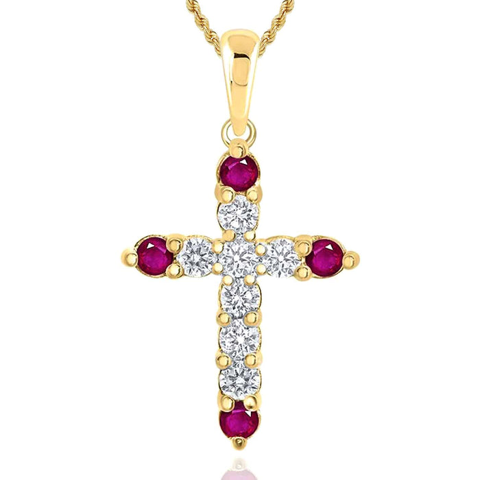 .24CTW Natural Diamond Ruby Accents 10K Gold Yellow White Rose Cross Pendant .9" - WJD Exclusives