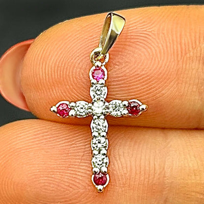 .24CTW Real Diamond Ruby Accents 10K Gold Yellow White Rose Cross Pendant .9"