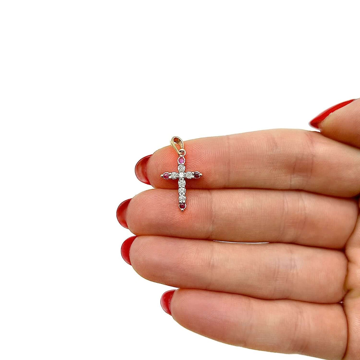 .24CTW Real Diamond Ruby Accents 10K Gold Yellow White Rose Cross Pendant .9"