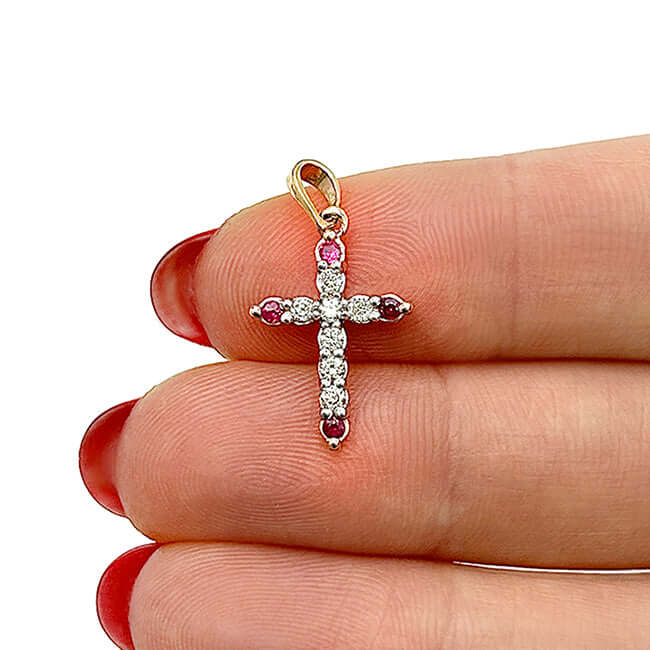 .24CTW Real Diamond Ruby Accents 10K Gold Yellow White Rose Cross Pendant .9"